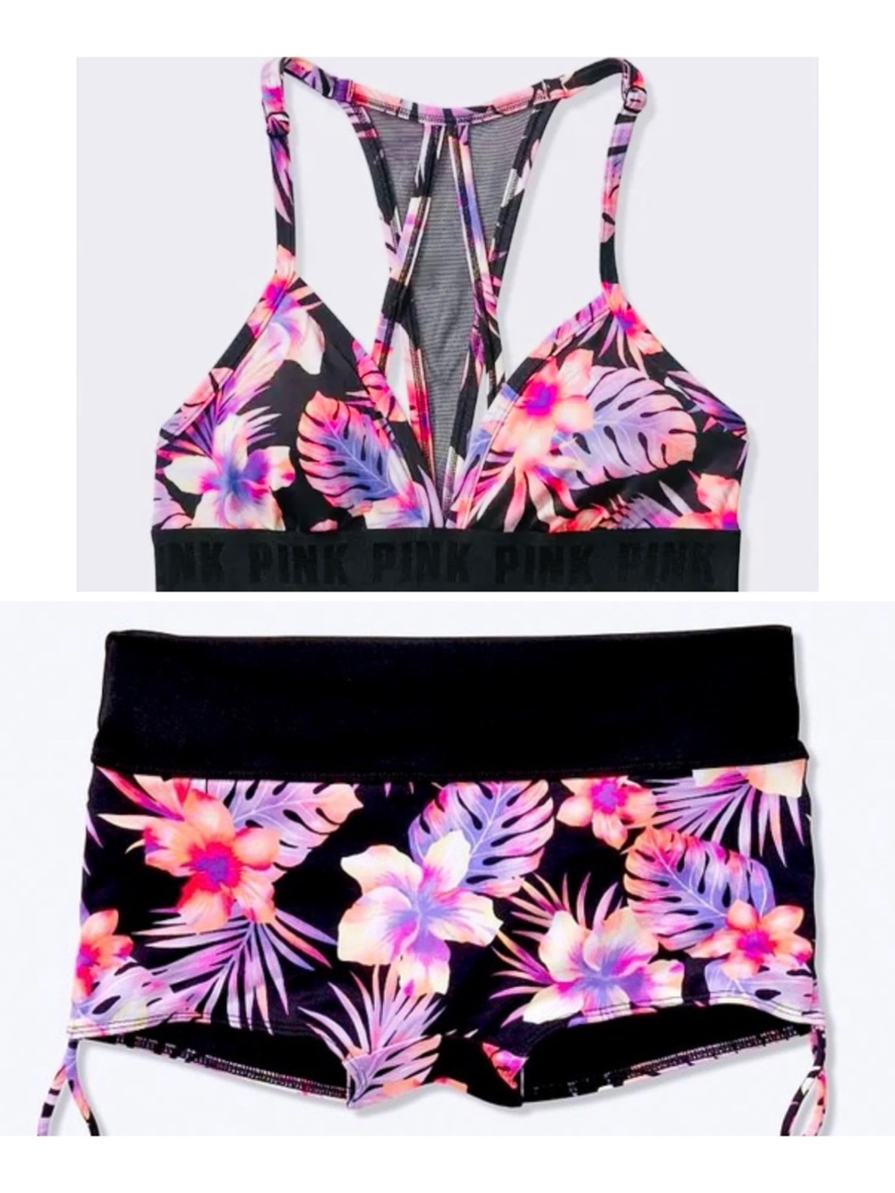VS PINK Tropical Floral Sports Bra & Swim Shorts Set - GYM TO SWIM